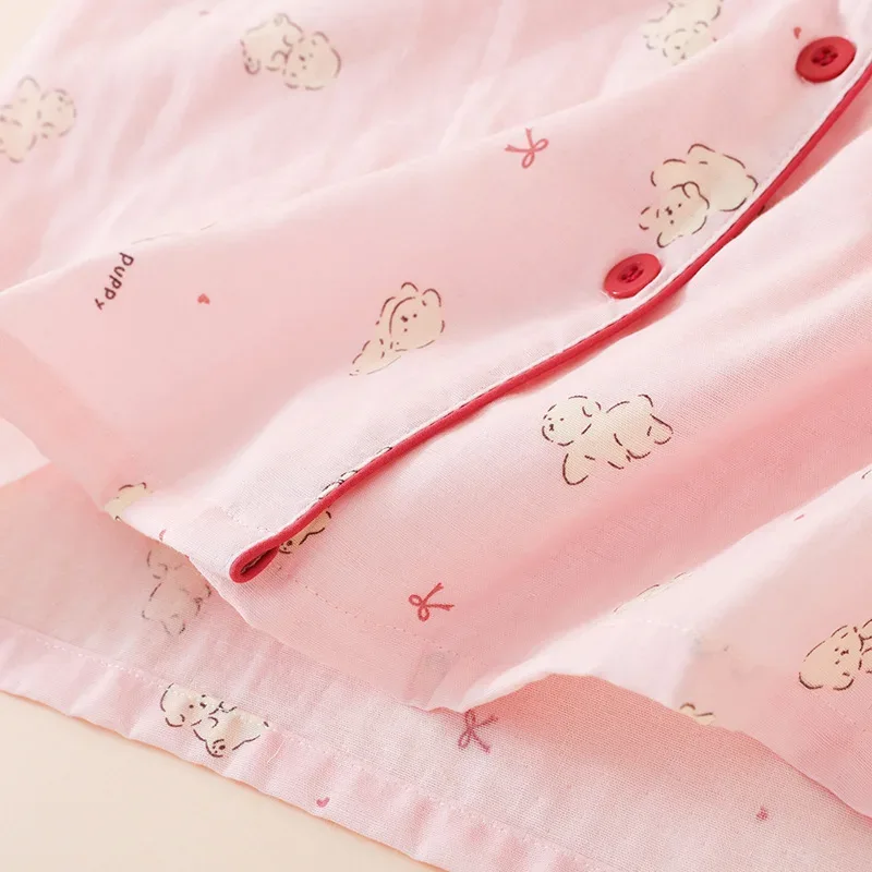 Summer Women Pajamas 3 Pieces Set 100% Gauze Cotton Female Sleepwear Bedroom Set Short sleeved long pants + shorts Woman Piiama