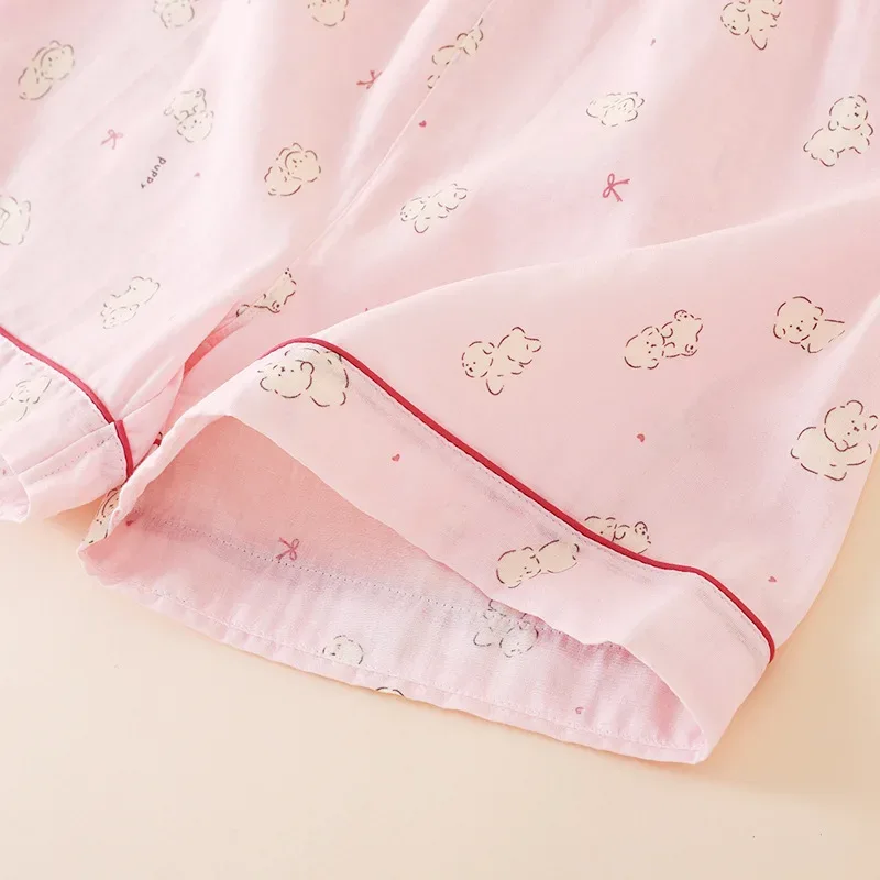 Summer Women Pajamas 3 Pieces Set 100% Gauze Cotton Female Sleepwear Bedroom Set Short sleeved long pants + shorts Woman Piiama