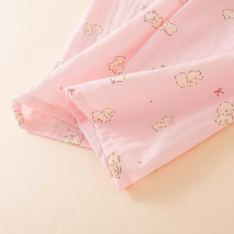 Summer Women Pajamas 3 Pieces Set 100% Gauze Cotton Female Sleepwear Bedroom Set Short sleeved long pants + shorts Woman Piiama