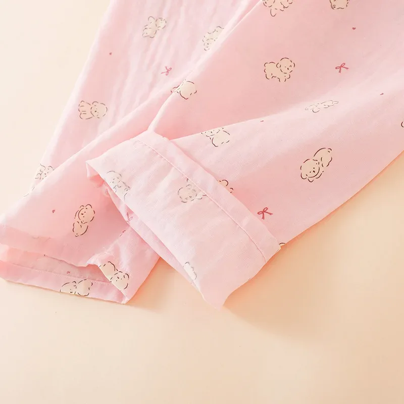 Summer Women Pajamas 3 Pieces Set 100% Gauze Cotton Female Sleepwear Bedroom Set Short sleeved long pants + shorts Woman Piiama