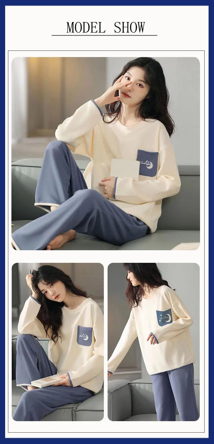 Long-Sleeved Pyjamas Women's Autumn and Winter Cotton Round Neck Fashion Soft Casual Breathable Cute Cartoon Loungewear Outside