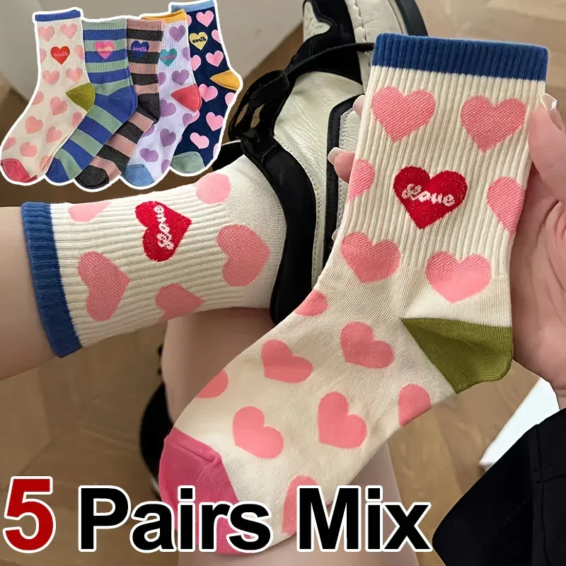 5 Pairs Dopamine Sweet Heart Striped Women Mid Tube Socks Fashionable Korean College Style Comfortable All Season Casual Socks