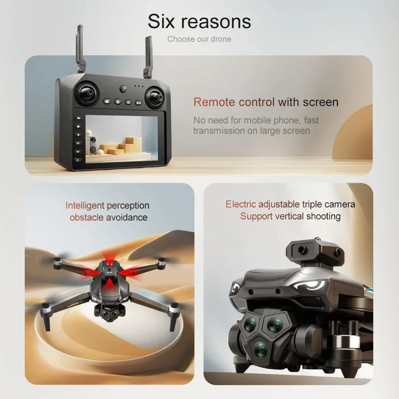 Drones with HD Three Cameras M33 360°Obstacle Avoidance Zoom Screen RC WIFI 20Min ESC Brushless FPV Drone Toys