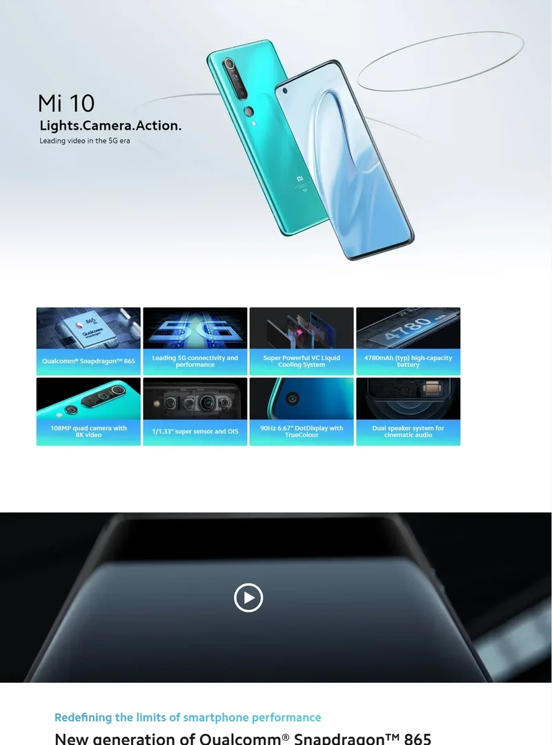 Xiaomi 10 5G Android 6.67 inch Qualcomm Snapdragon 865 RAM 12GB ROM 256GB used phone