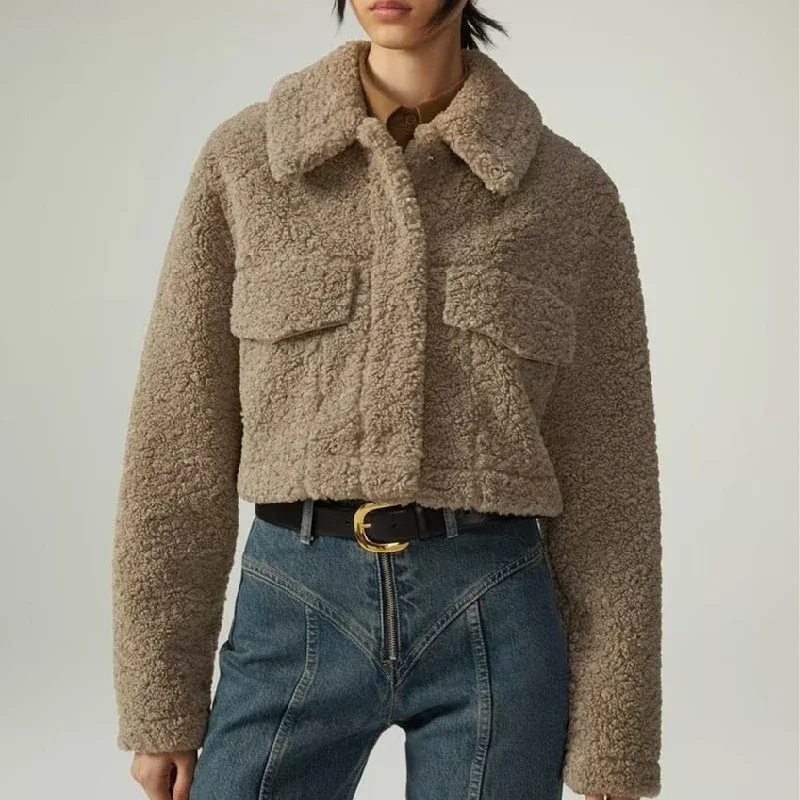 KAR&OT ZA 2024 Autumn and Winter New Fashion Snap Button Closure Flap Pockets Decorated Fleece Short Jacket 4341843