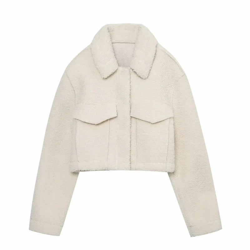 KAR&OT ZA 2024 Autumn and Winter New Fashion Snap Button Closure Flap Pockets Decorated Fleece Short Jacket 4341843
