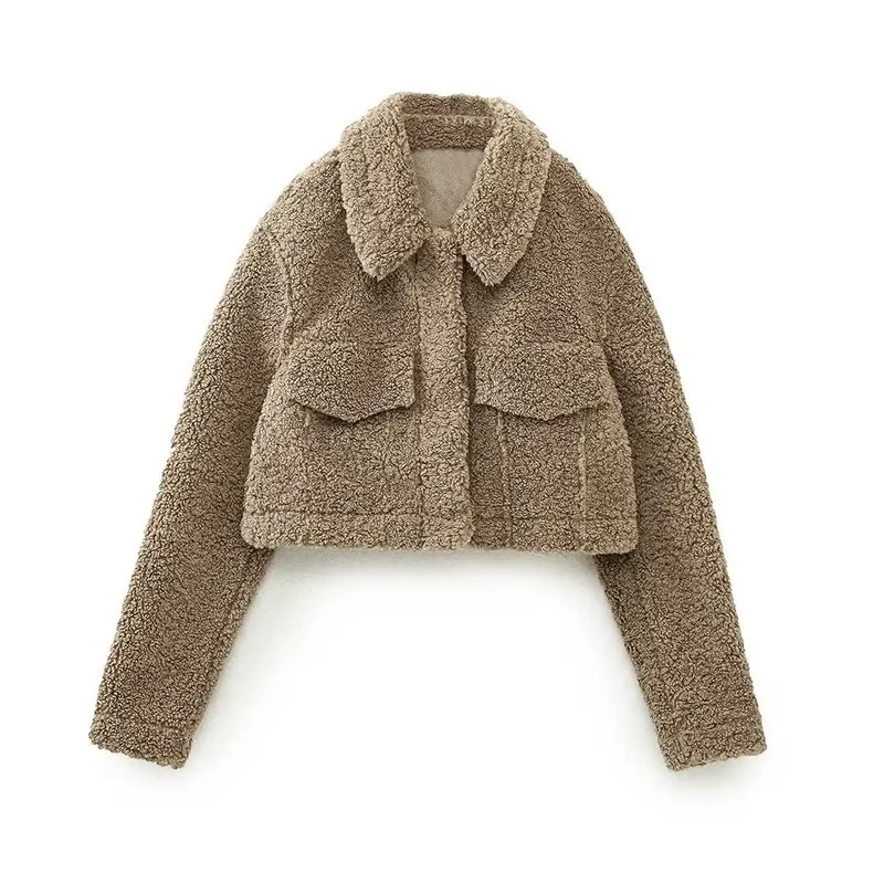 KAR&OT ZA 2024 Autumn and Winter New Fashion Snap Button Closure Flap Pockets Decorated Fleece Short Jacket 4341843