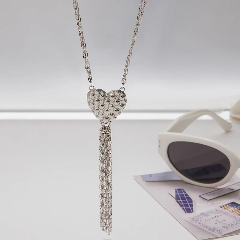 Zora Minimalist Style Silver-Plate Stainless Steel Heart Pendant Splicing Tassels Necklace Waterproof Women's Unique Jewelry