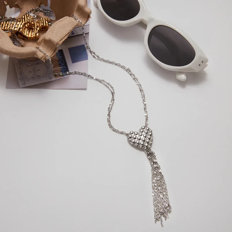 Zora Minimalist Style Silver-Plate Stainless Steel Heart Pendant Splicing Tassels Necklace Waterproof Women's Unique Jewelry
