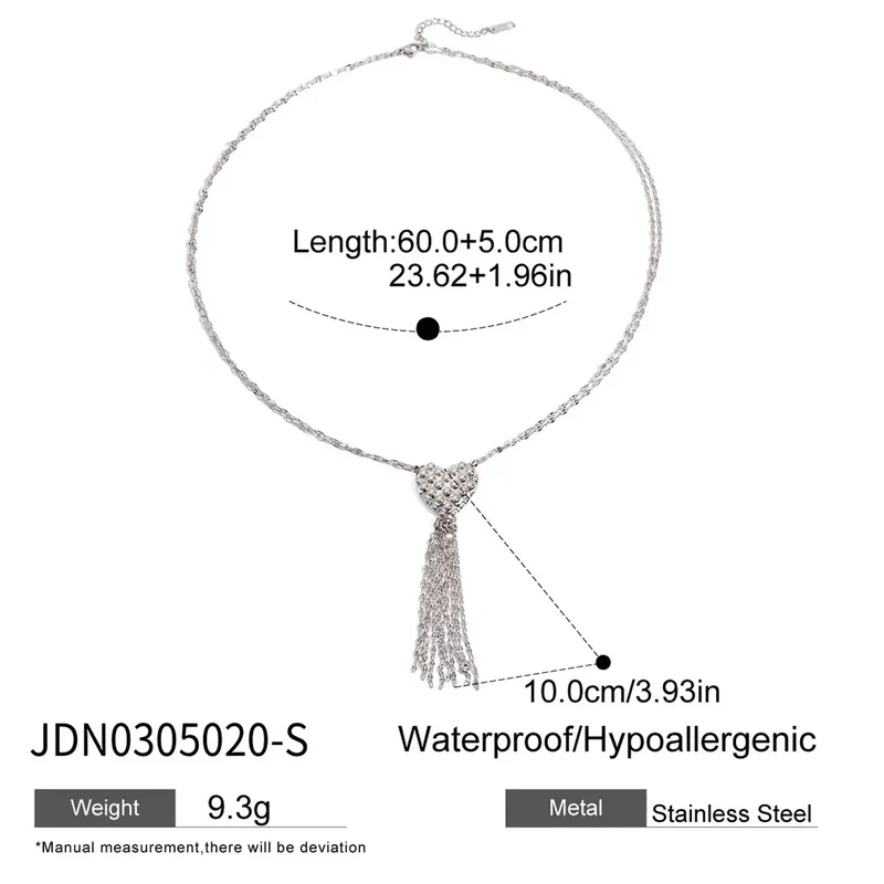 Zora Minimalist Style Silver-Plate Stainless Steel Heart Pendant Splicing Tassels Necklace Waterproof Women's Unique Jewelry