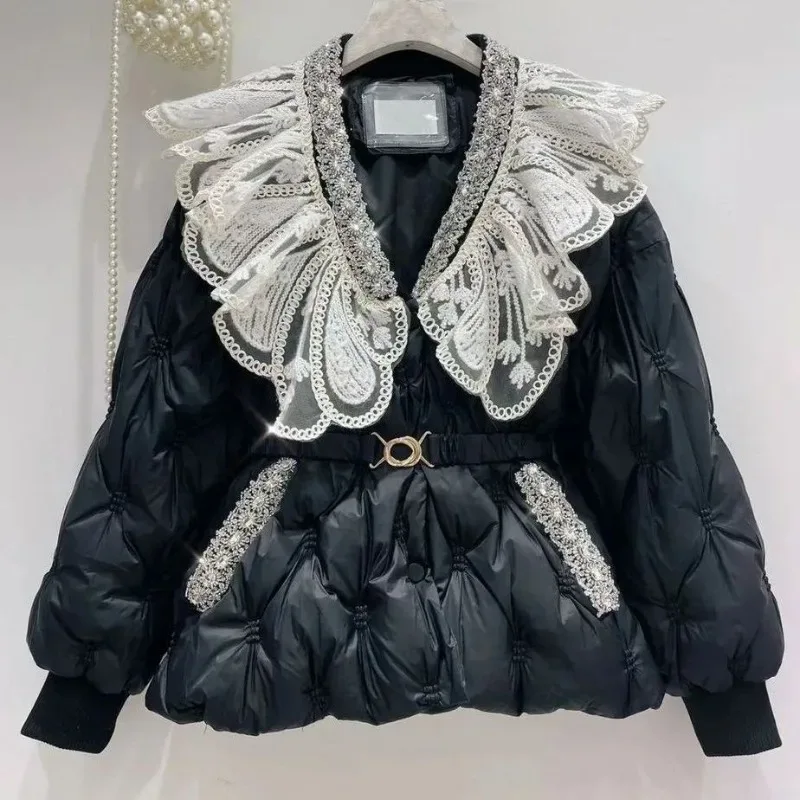 Cotton Padded Women's Coat Winter Parkas Sweet Heavy Industry Water Diamond Doll Collar, Waist Cinching Warm Cotton Clothing