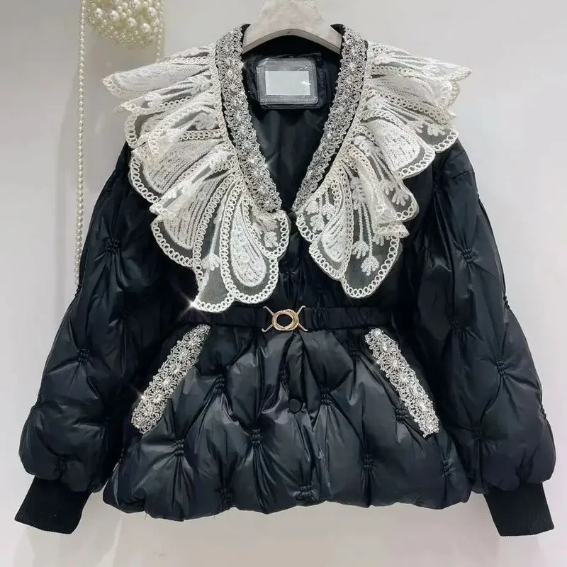 Cotton Padded Women's Coat Winter Parkas Sweet Heavy Industry Water Diamond Doll Collar, Waist Cinching Warm Cotton Clothing