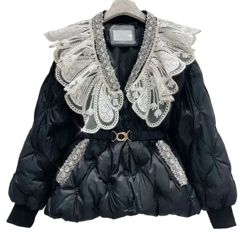 Cotton Padded Women's Coat Winter Parkas Sweet Heavy Industry Water Diamond Doll Collar, Waist Cinching Warm Cotton Clothing