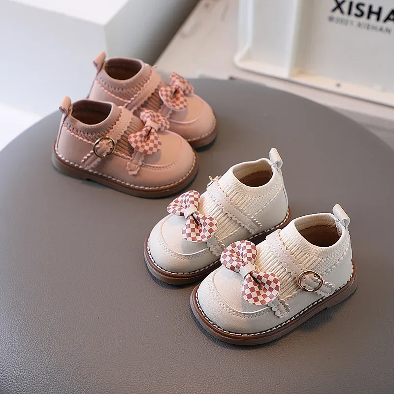 New Cute Girl Lattice Bowknot Baby Princess Shoes Casual Anti slip Outdoor Preschool Children's Soft Sole First Walking Shoe