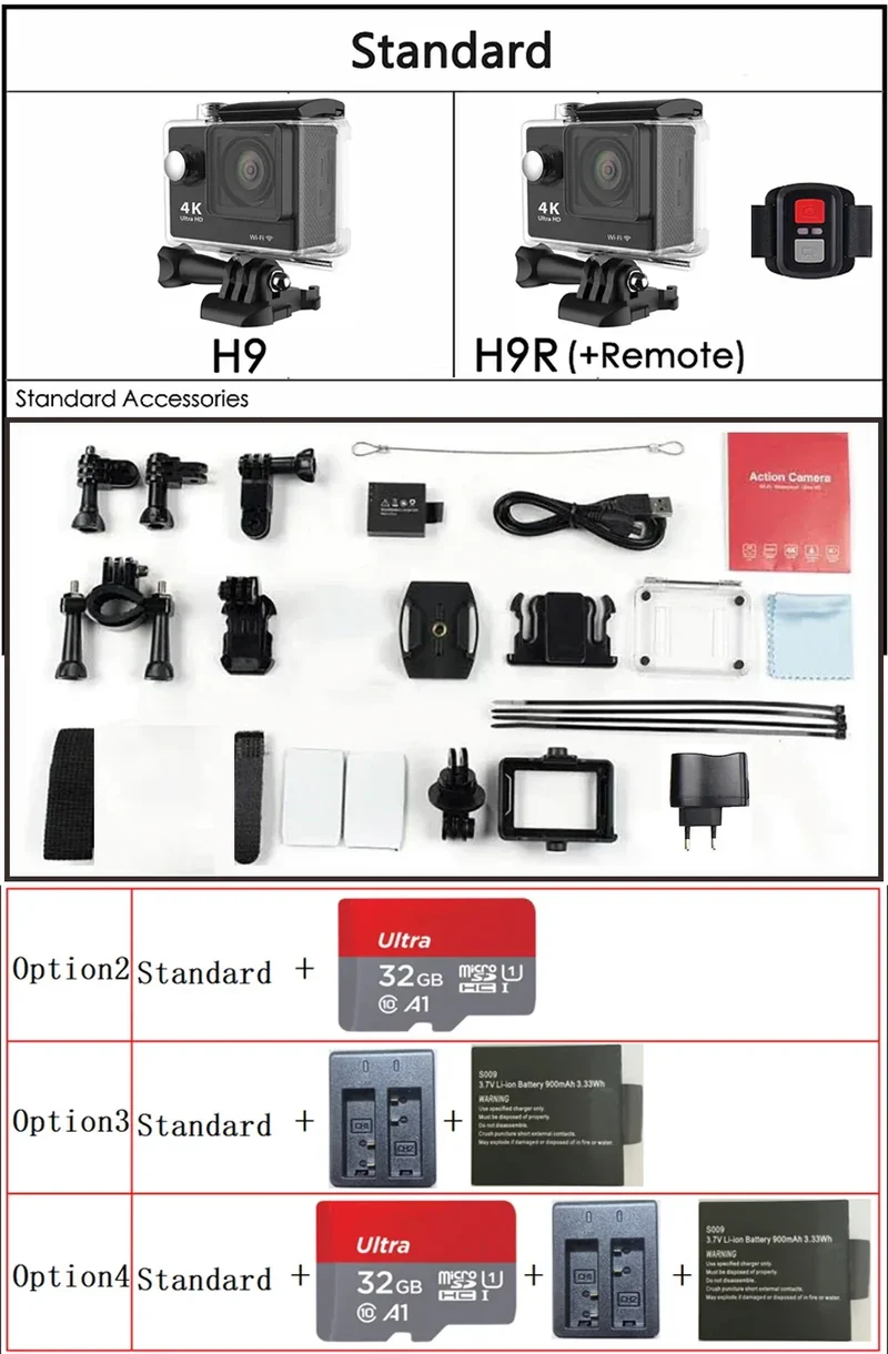Ultra HD 4K Action Camera H9R WiFi 12MP 2" LCD 30M Waterproof 170D Remote Control Helmet Bicycle Video Camera Outdoor Sport Cam