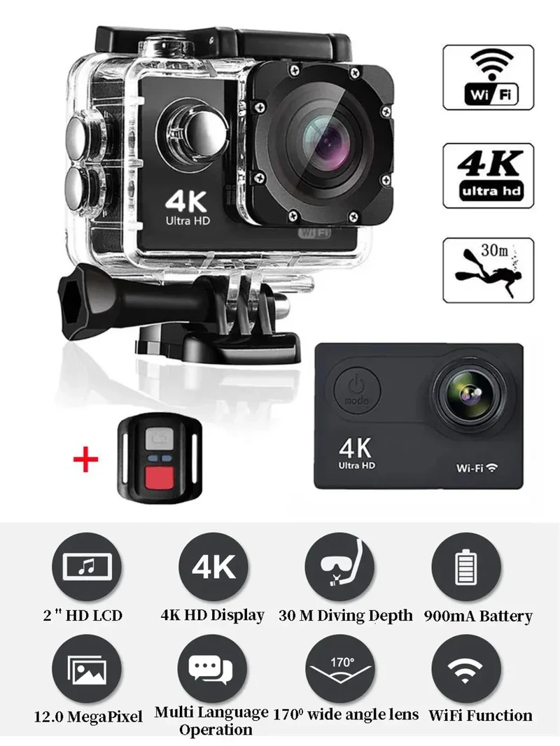 Ultra HD 4K Action Camera H9R WiFi 12MP 2" LCD 30M Waterproof 170D Remote Control Helmet Bicycle Video Camera Outdoor Sport Cam