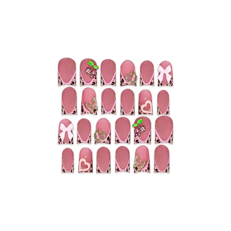 24pcs Nude Pink Sweet Fake Nails Short Duckbill Leopard Print French False Nails With 3D Bowknots Butterfly Cherry Press On Nail