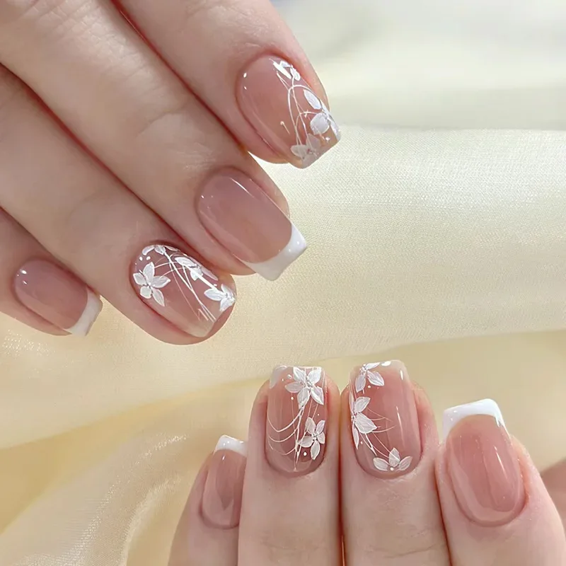 24pcs Nude Pink Sweet Fake Nails Short Duckbill Leopard Print French False Nails With 3D Bowknots Butterfly Cherry Press On Nail