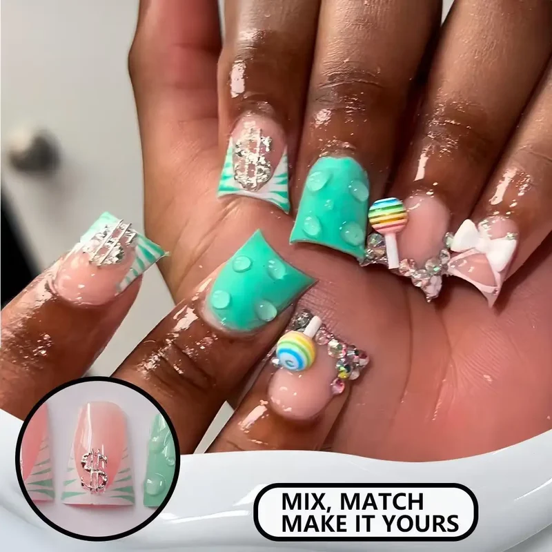 24pcs Nude Pink Sweet Fake Nails Short Duckbill Leopard Print French False Nails With 3D Bowknots Butterfly Cherry Press On Nail