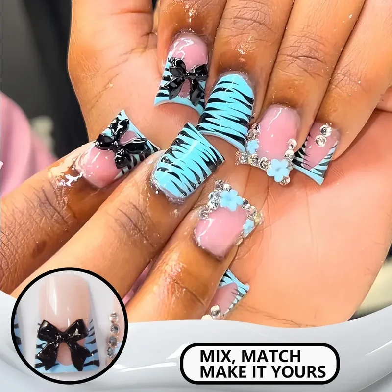 24pcs Nude Pink Sweet Fake Nails Short Duckbill Leopard Print French False Nails With 3D Bowknots Butterfly Cherry Press On Nail