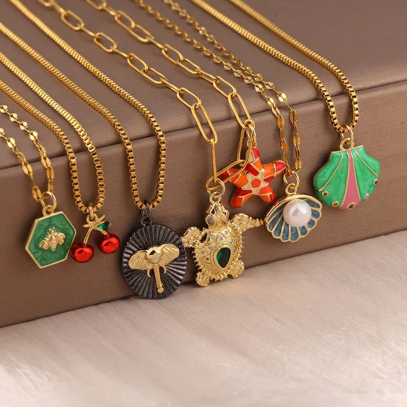 Bohemian Heart Animals Necklace for Women Cute Heart Punk Motocycle Pendant Gold Color Stainless Steel Long Chain Collars Neck