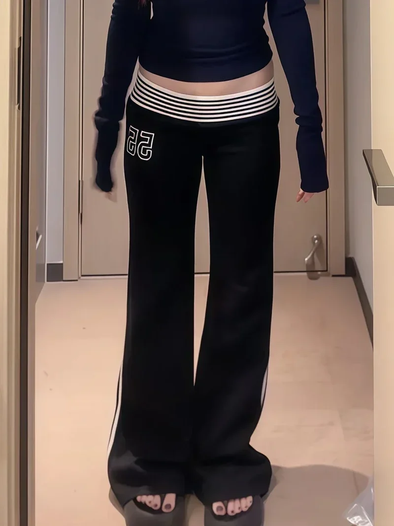 2025 Autumn Winter Women High Street American Retro Flared Pants Y2k Low Rise Long Trousers College Harajuku 2000s Bell Bottom