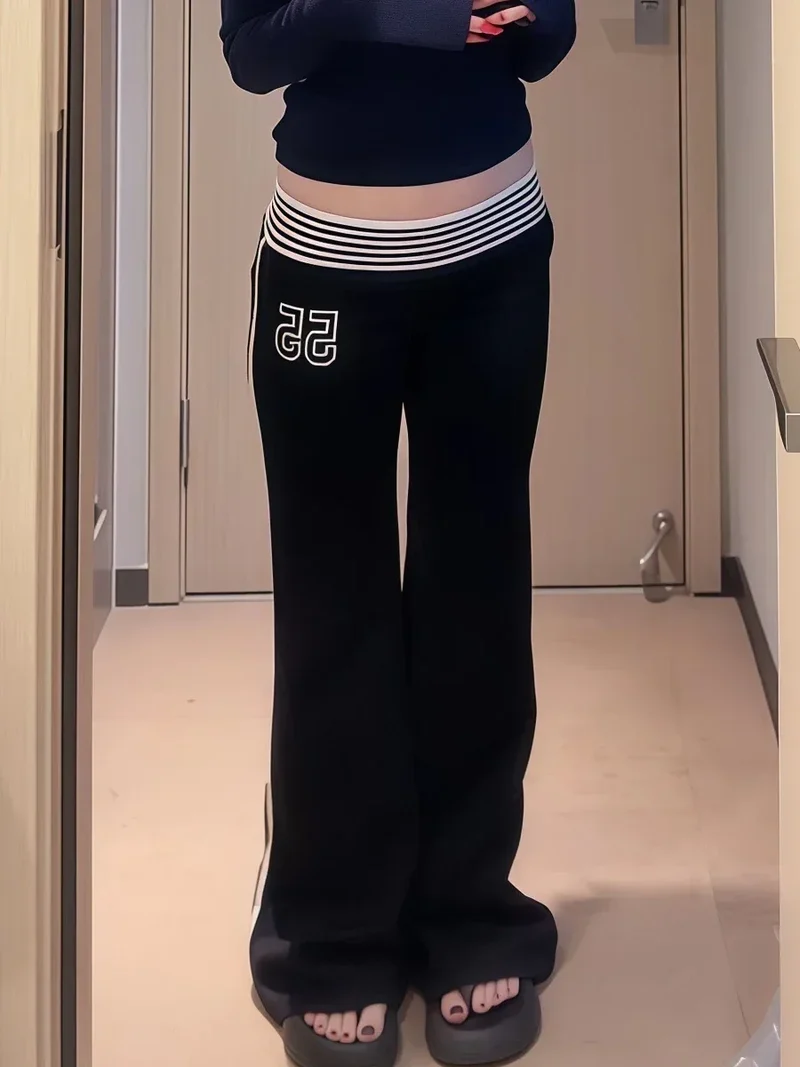 2025 Autumn Winter Women High Street American Retro Flared Pants Y2k Low Rise Long Trousers College Harajuku 2000s Bell Bottom