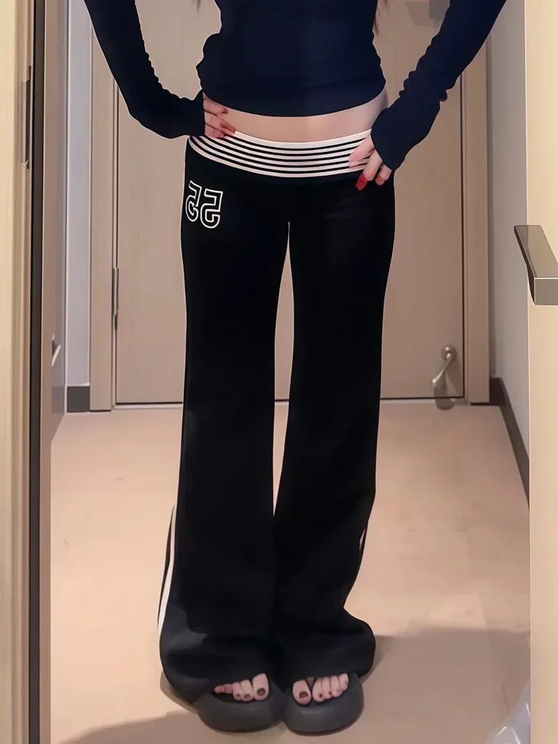 2025 Autumn Winter Women High Street American Retro Flared Pants Y2k Low Rise Long Trousers College Harajuku 2000s Bell Bottom