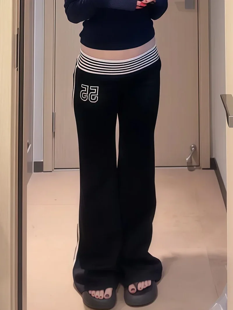 2025 Autumn Winter Women High Street American Retro Flared Pants Y2k Low Rise Long Trousers College Harajuku 2000s Bell Bottom