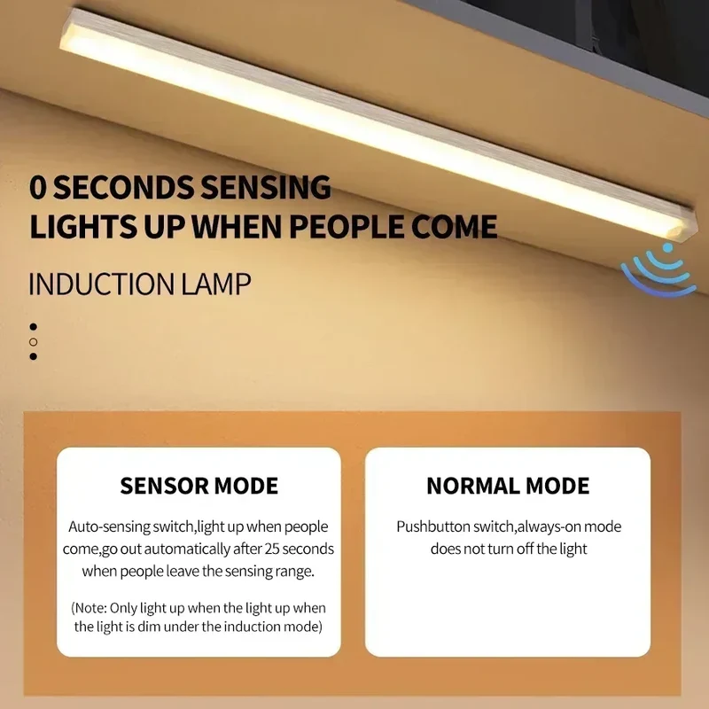 LED Long Strip Body Sensor Night Light Desk Reading Light Cabinet Bedside Bathroom Cool/Warm Light Rechargeable Magnetic Light