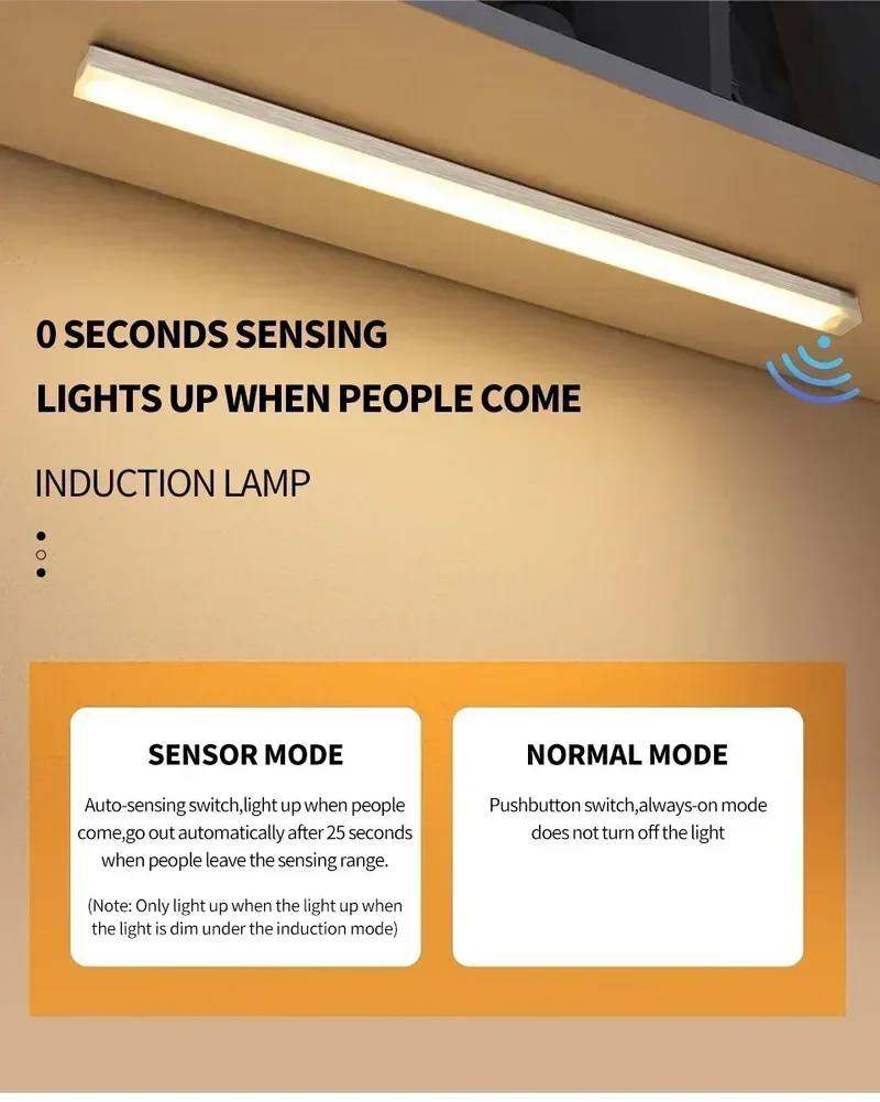 LED Long Strip Body Sensor Night Light Desk Reading Light Cabinet Bedside Bathroom Cool/Warm Light Rechargeable Magnetic Light