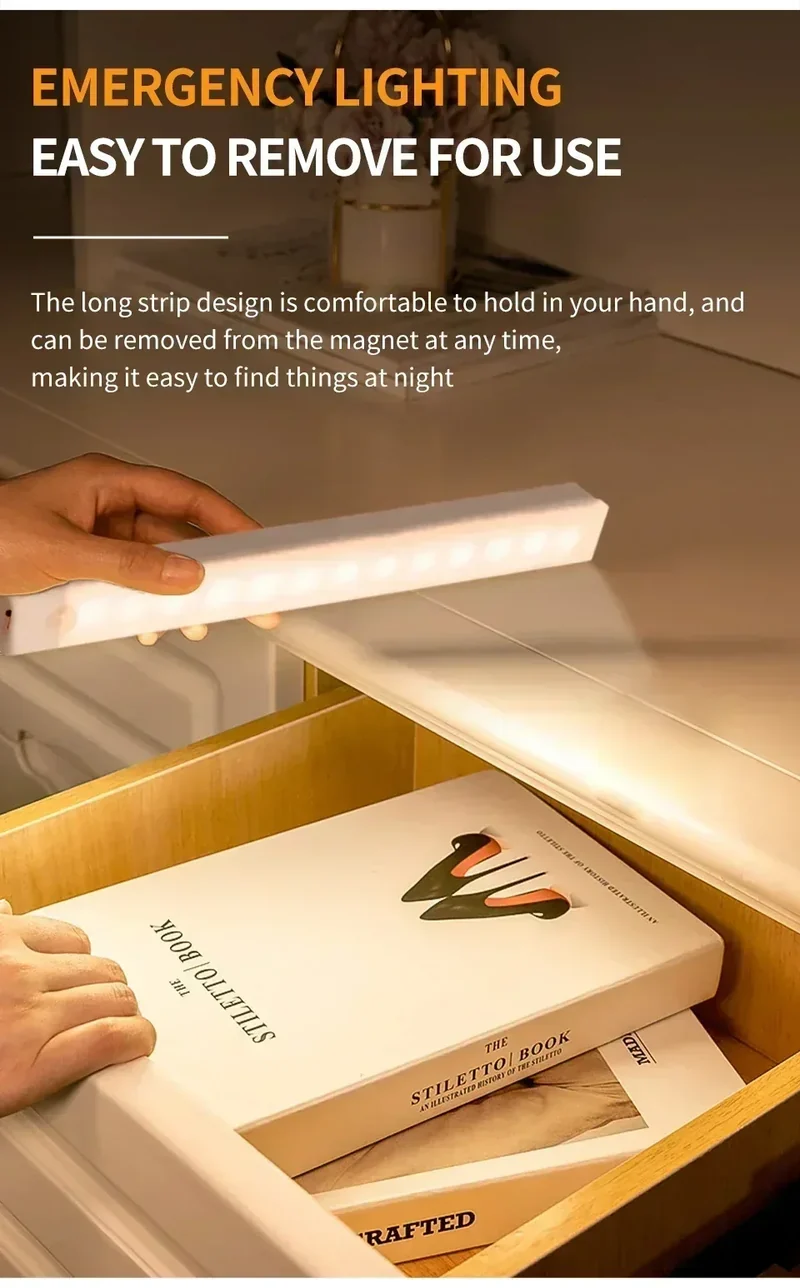 LED Long Strip Body Sensor Night Light Desk Reading Light Cabinet Bedside Bathroom Cool/Warm Light Rechargeable Magnetic Light