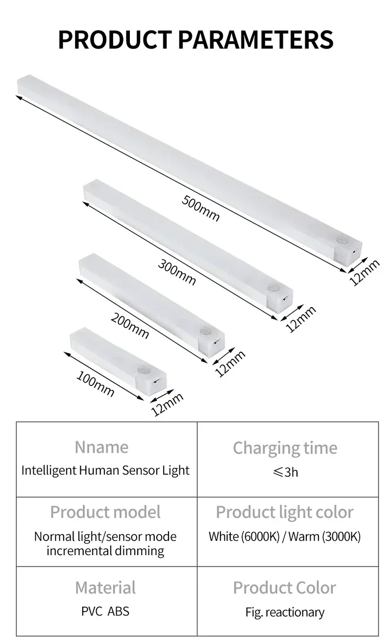 LED Long Strip Body Sensor Night Light Desk Reading Light Cabinet Bedside Bathroom Cool/Warm Light Rechargeable Magnetic Light