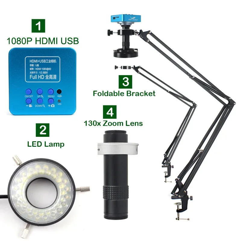 55MP 48MP 4K 1080P HDMI USB Video Microscope Camera 1-130X Infinitely Far C Mount Lens LED Light for Digital Image Acquisition