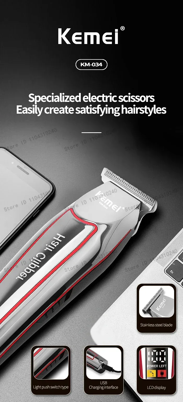 Kemei Men's Electric Hair Trimmer USB Charging Cordless Hair Clipper Reciprocating Twin Blade Beard Shaver KM-2024 KM-034 Kit