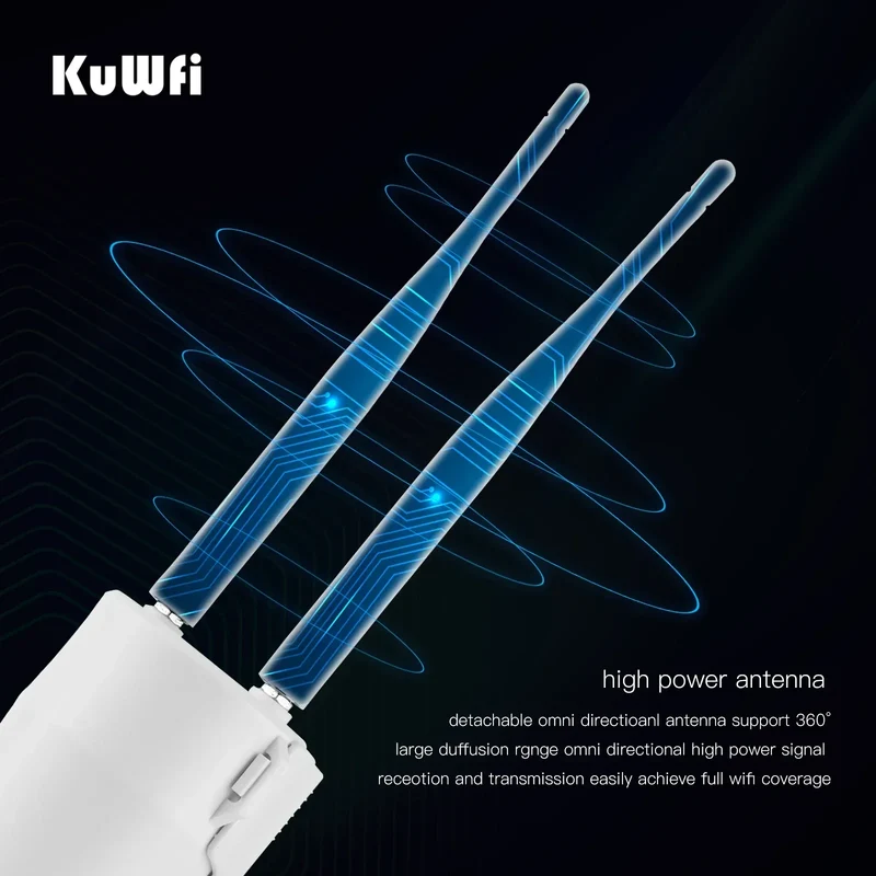 KuWFi 300Mbps Outdoor LTE Router CAT4 4G Router Wireless Wi-Fi Detachable External Antenna WAN LAN Port Support 24V POE 64 Users