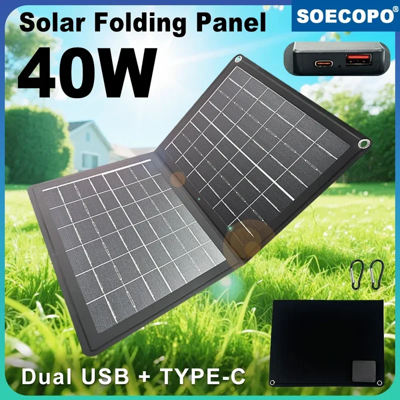 Practical Solar Panel Foldable Power Bank SOECOPO 40W Portable Charge Phone Outdoor Activities USB + Type - C 5V/2.4A Camping