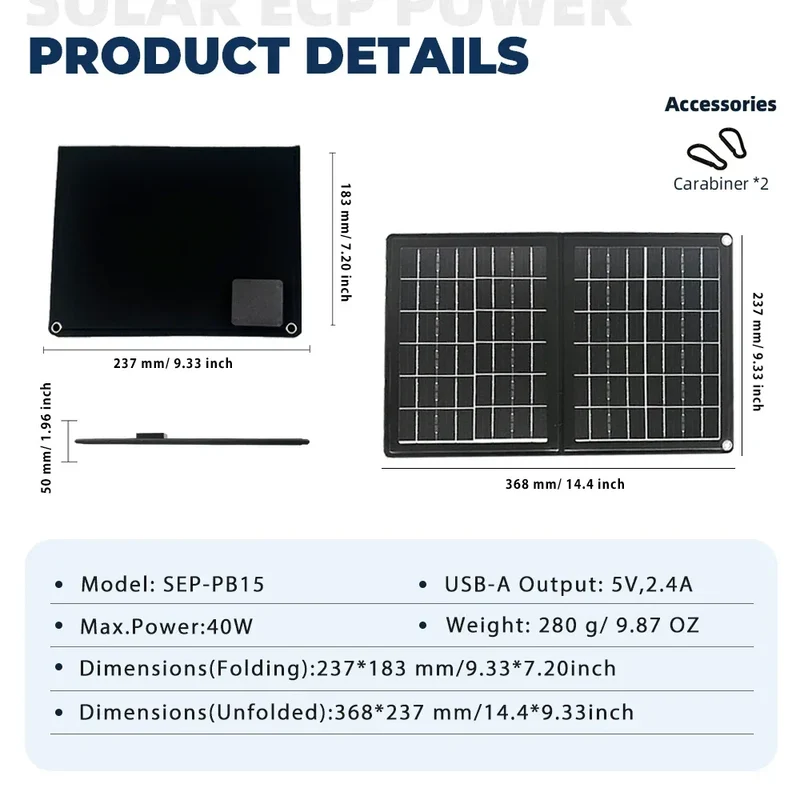 Practical Solar Panel Foldable Power Bank SOECOPO 40W Portable Charge Phone Outdoor Activities USB + Type - C 5V/2.4A Camping