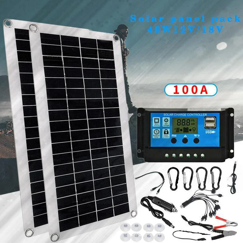40W Solar Panel 12V/18V Solar Cell 10A-100A Controller Solar Plate Kit For Phone RV Car Caravan Home Camping Outdoor Battery