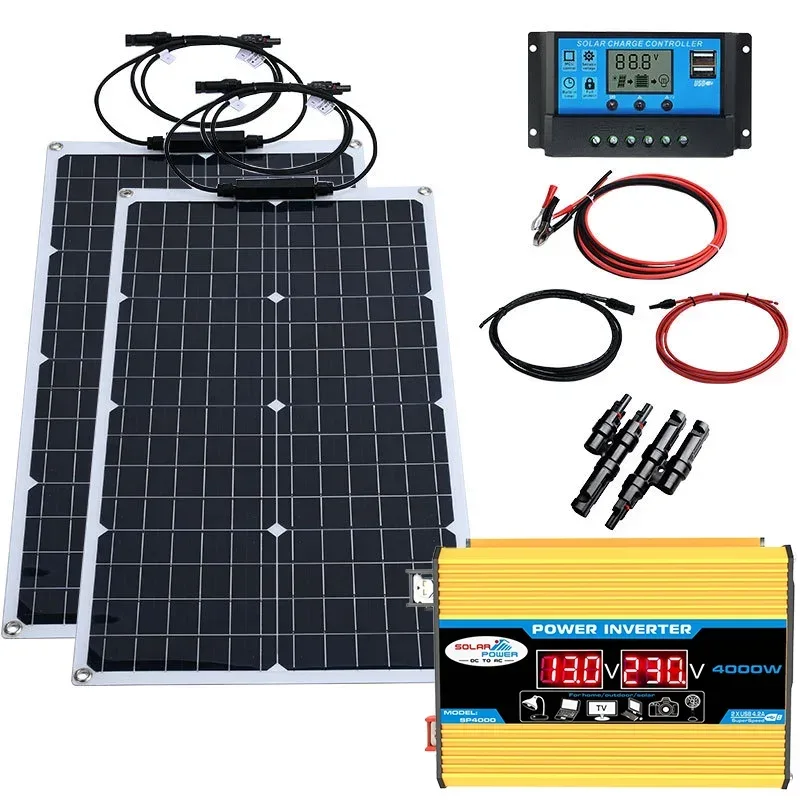 2000W Solar Energy System 110V/220V 4000W Solar Panel Inverter Glass 12V Battery Charging Controller For Home/Outdoor Use