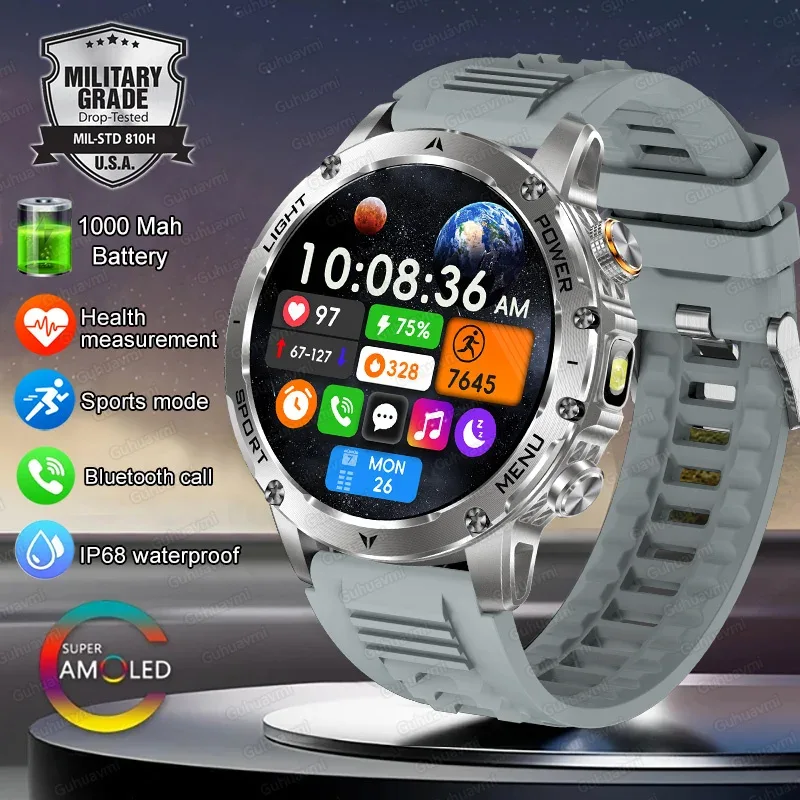 1.7" Large Screen Bluetooth Call Smart Watch Men‘s Sports Outdoor Flashlight 1000mAh Health Monitor Smartwatch for Man Male IP6