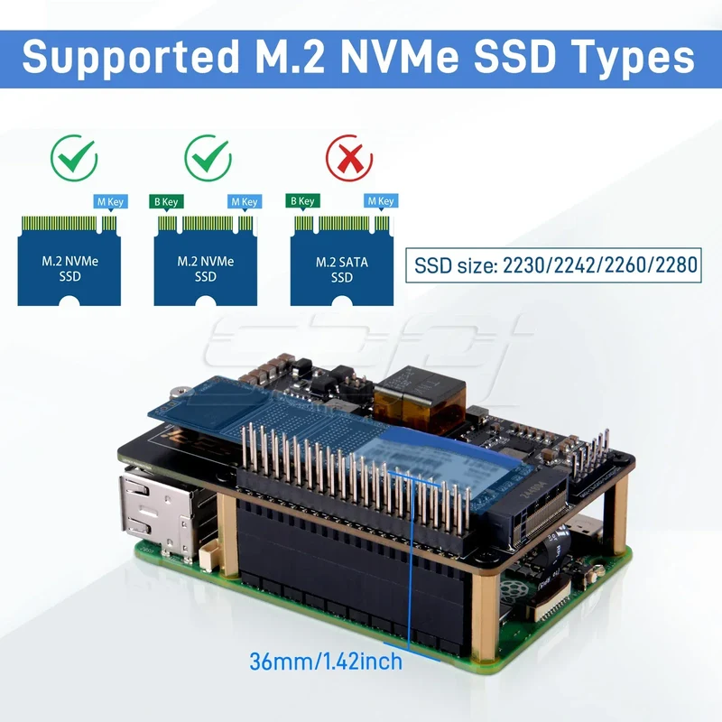 52Pi M.2 NVME M-key & PoE+ Hat & Active Cooler Kit For Raspberry Pi 5 Support SSD: 2230/2242/2260/2280