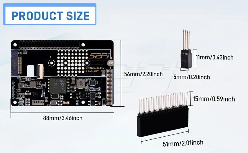 52Pi M.2 NVME M-key & PoE+ Hat & Active Cooler Kit For Raspberry Pi 5 Support SSD: 2230/2242/2260/2280
