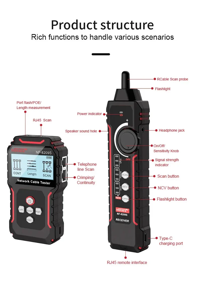 NOYAFA NF-8209S Network Cable Tester Cable Tracker Cat5 Cat6 PoE Tester Detect Length Continuity Test with NCV & Lamp