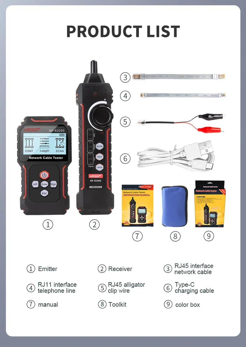 NOYAFA NF-8209S Network Cable Tester Cable Tracker Cat5 Cat6 PoE Tester Detect Length Continuity Test with NCV & Lamp