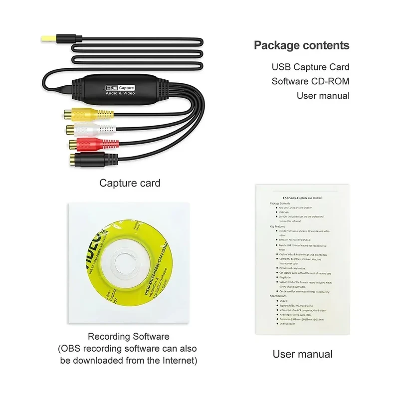 RCA AV To USB 2.0 Video Capture Card Old VHS TV DVD VCR to Digital Files Adapter for Laptop Desktop PC Support OBS