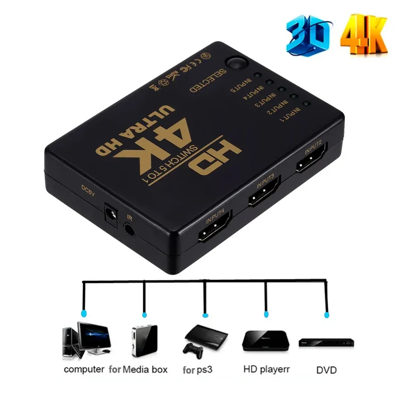 HDMI-compatible Switcher 1x5 Port 5 in 1 out HD 4K*2K Switch Selector Splitter Hub With IR Remote 3D for PS3 Xbox 360 HDTV