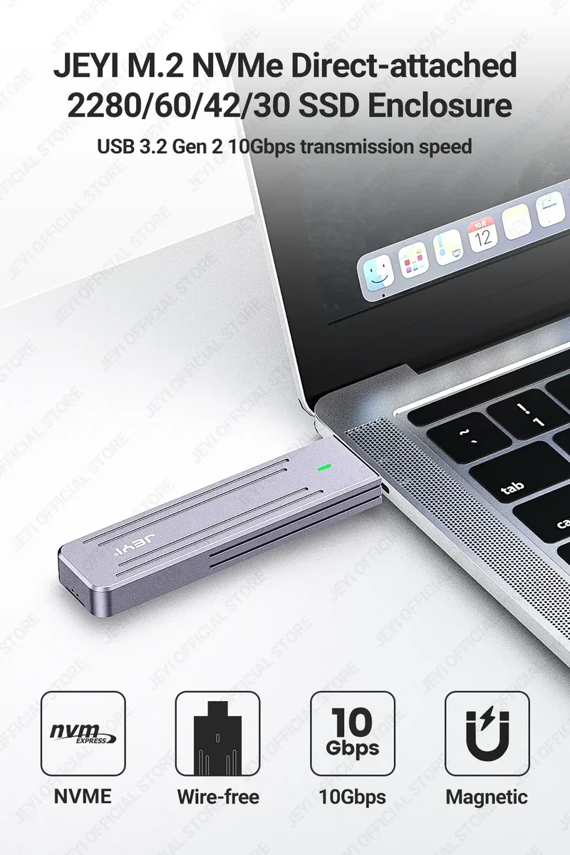 JEYI M.2 NVMe(USB 3.2 10Gbps)Direct-attach Enclosure,USB-A Plug In-line Aluminum 2242 2280 SSD Case With Magnet Protective Case