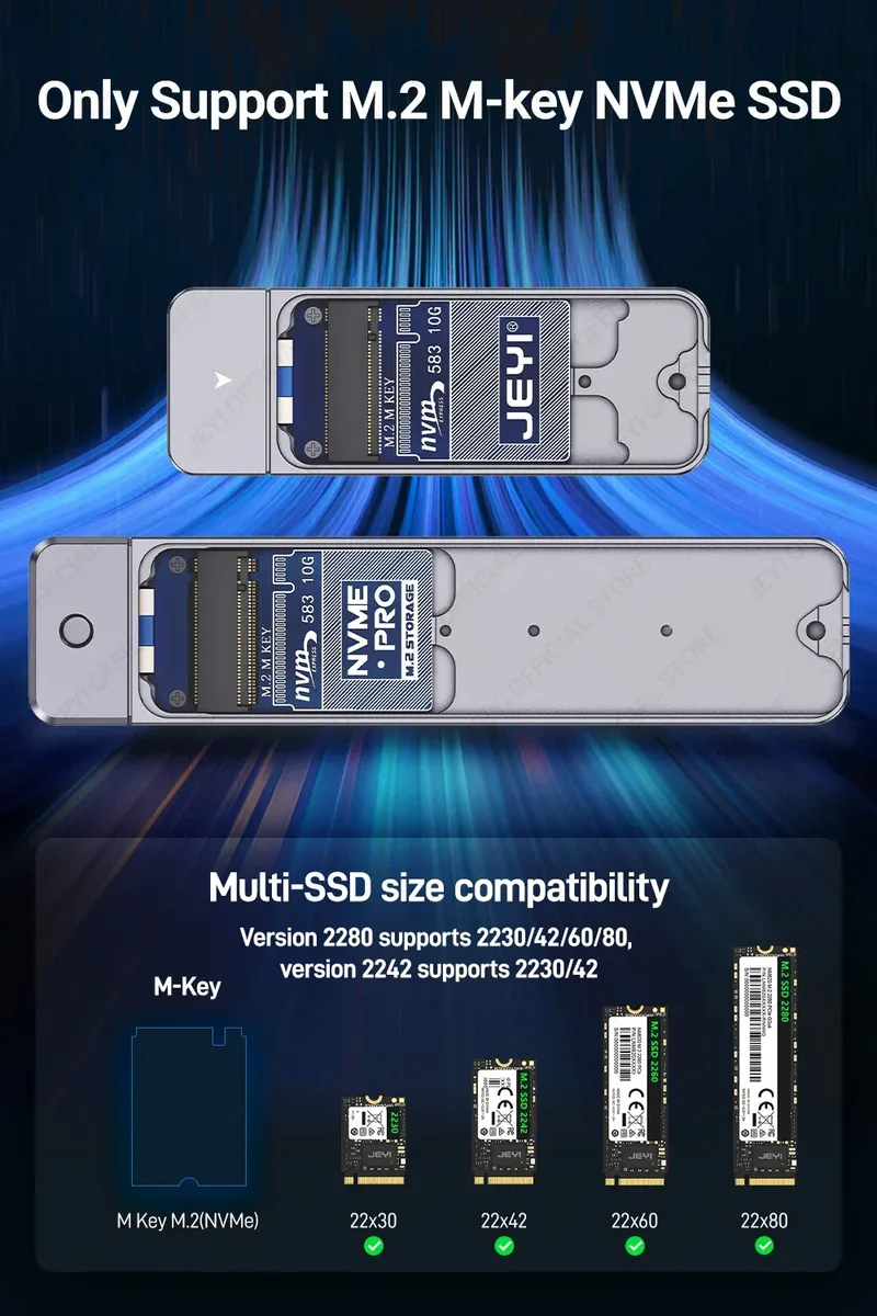 JEYI M.2 NVMe(USB 3.2 10Gbps)Direct-attach Enclosure,USB-A Plug In-line Aluminum 2242 2280 SSD Case With Magnet Protective Case