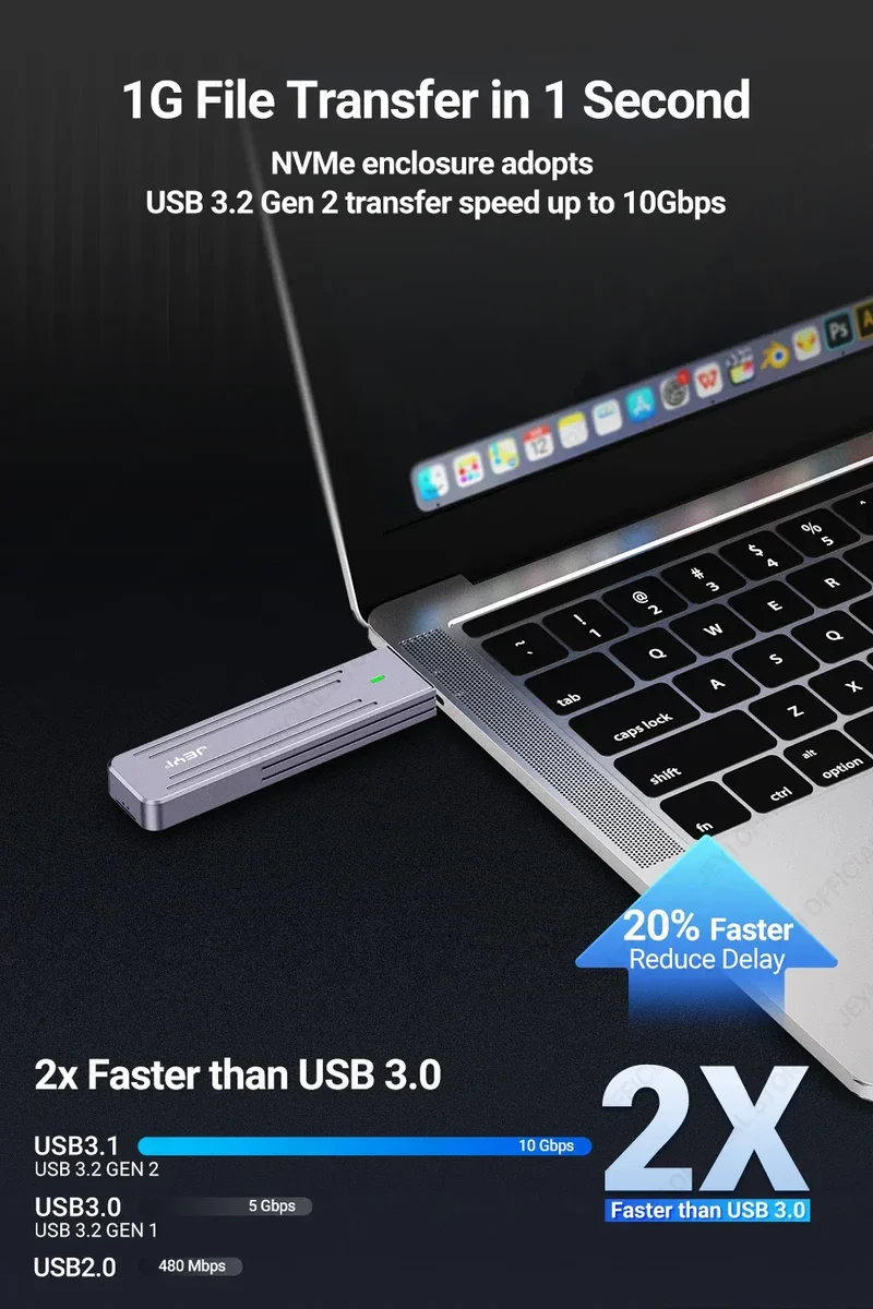 JEYI M.2 NVMe(USB 3.2 10Gbps)Direct-attach Enclosure,USB-A Plug In-line Aluminum 2242 2280 SSD Case With Magnet Protective Case